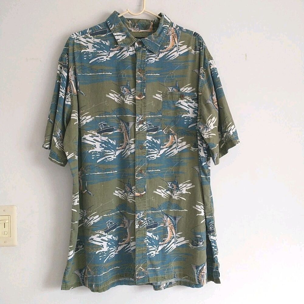 Croft&Barrow Button Up Shirt XL Green Fish Boat 100%Cotton Aloha Hawaiian